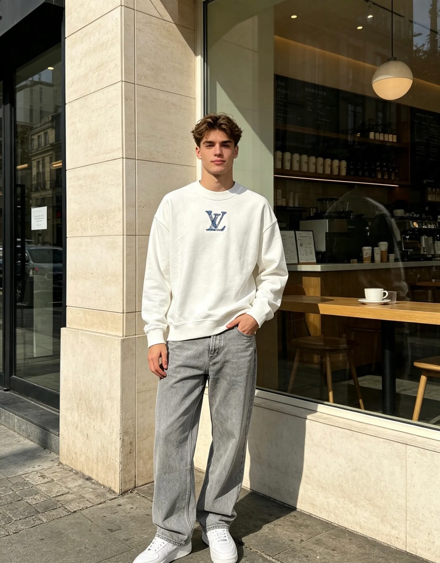 Louis Vuitton/Louis Vuitton denim patch letter embroidered crew neck sweatshirt